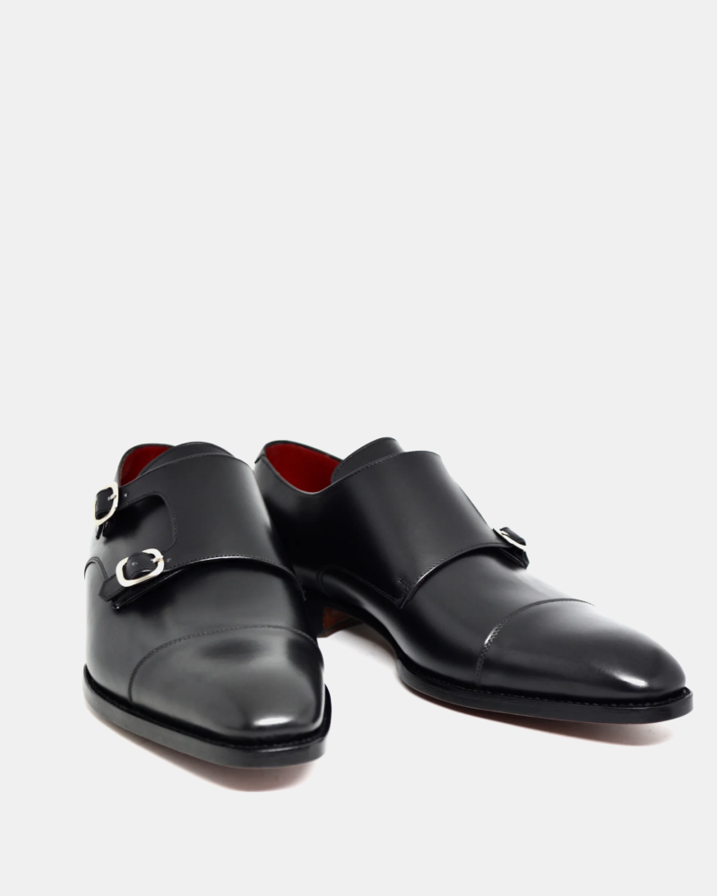 Black Double Monk Strap Dress Shoe with Rubber Half Soles - Louvre